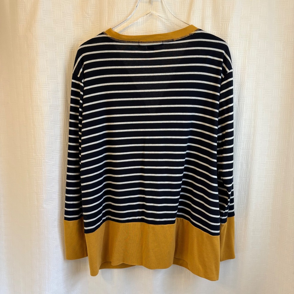 Hawthorne Cardigan Sweater Womens 2X Navy Blue White Striped Mustard Yellow Trim - Picture 3 of 6